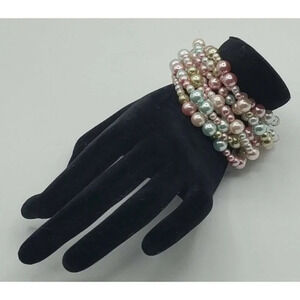 Vintage? Faux Pastel Pearls 8 Strand Bracelet Sterling ? Detail Clasp
